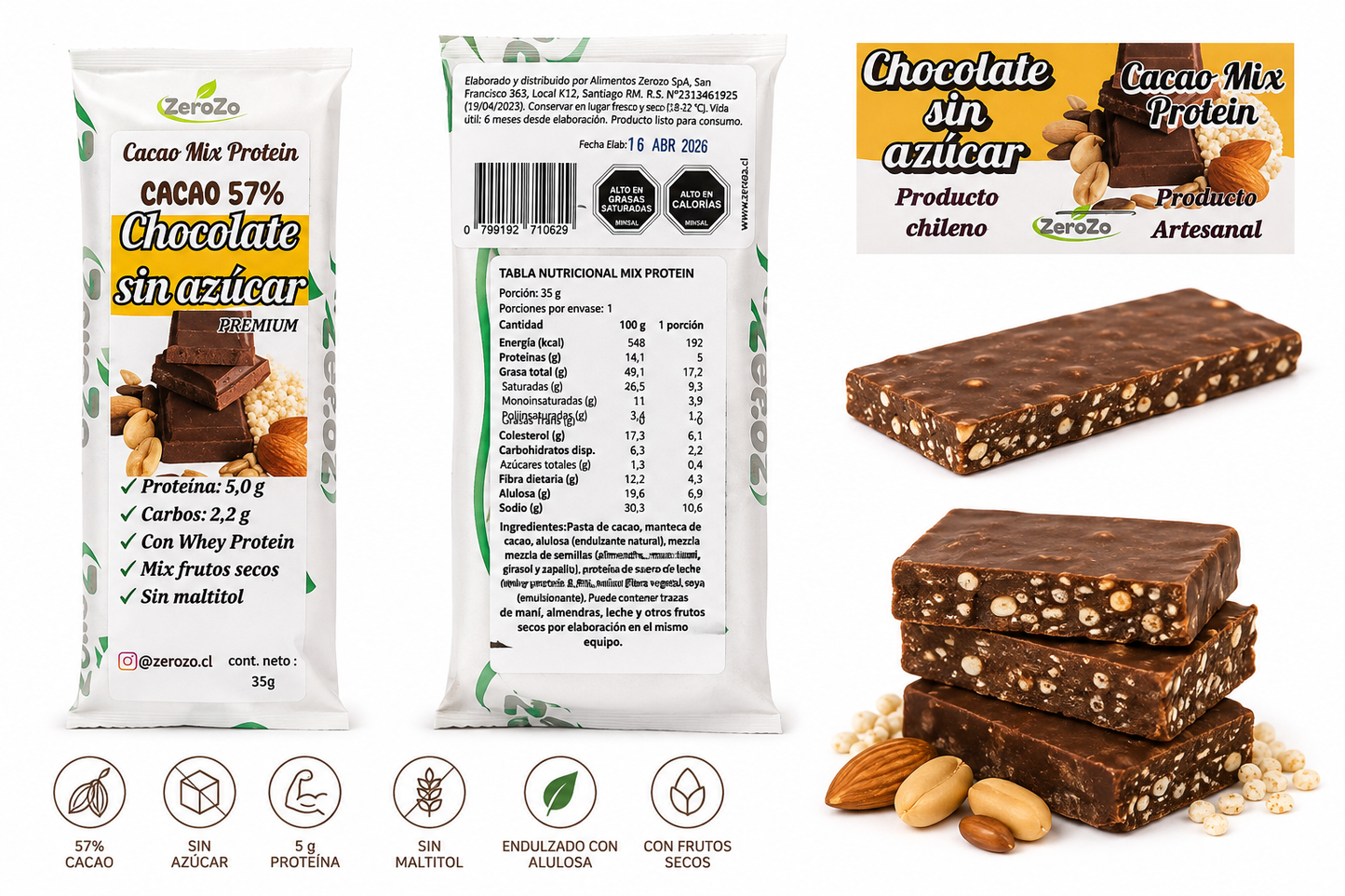 Chocolate Sin Azúcar con Proteína 57% Cacao | Zerozo 35 g