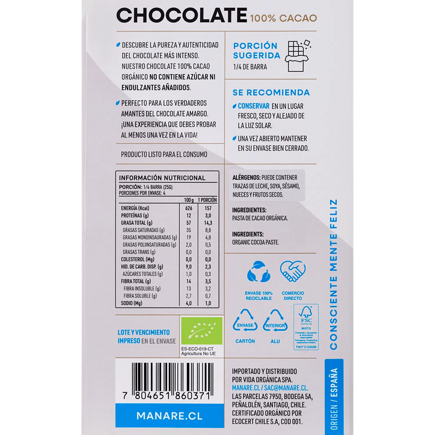 Chocolate 100% Cacao Orgánico 100g