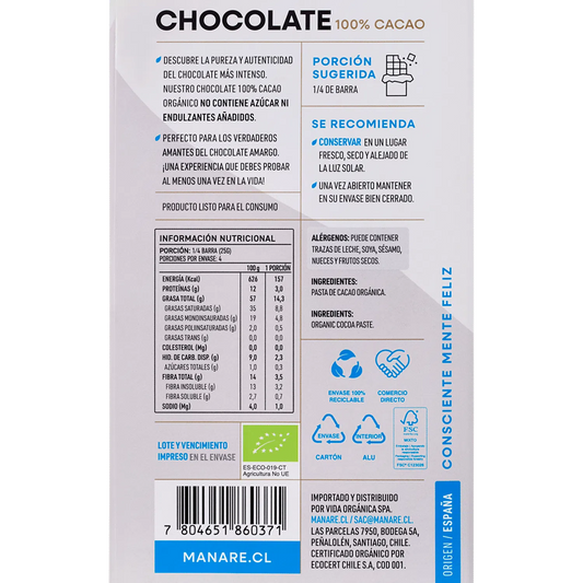 Chocolate 100% Cacao Orgánico 100g