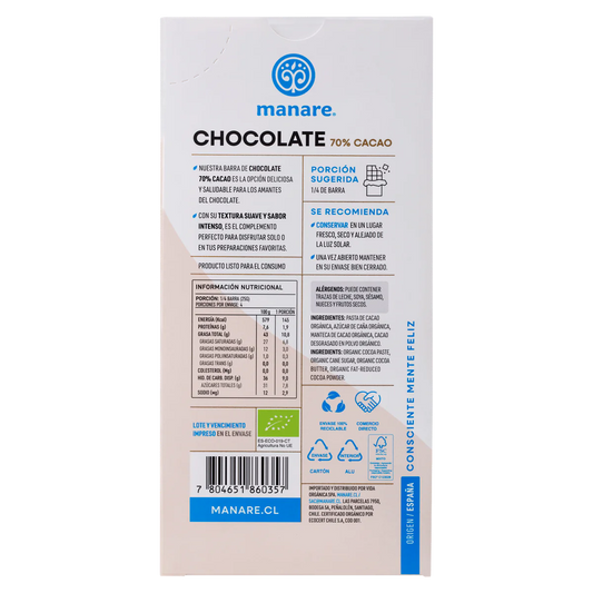 Chocolate 70% Cacao Orgánico 100g