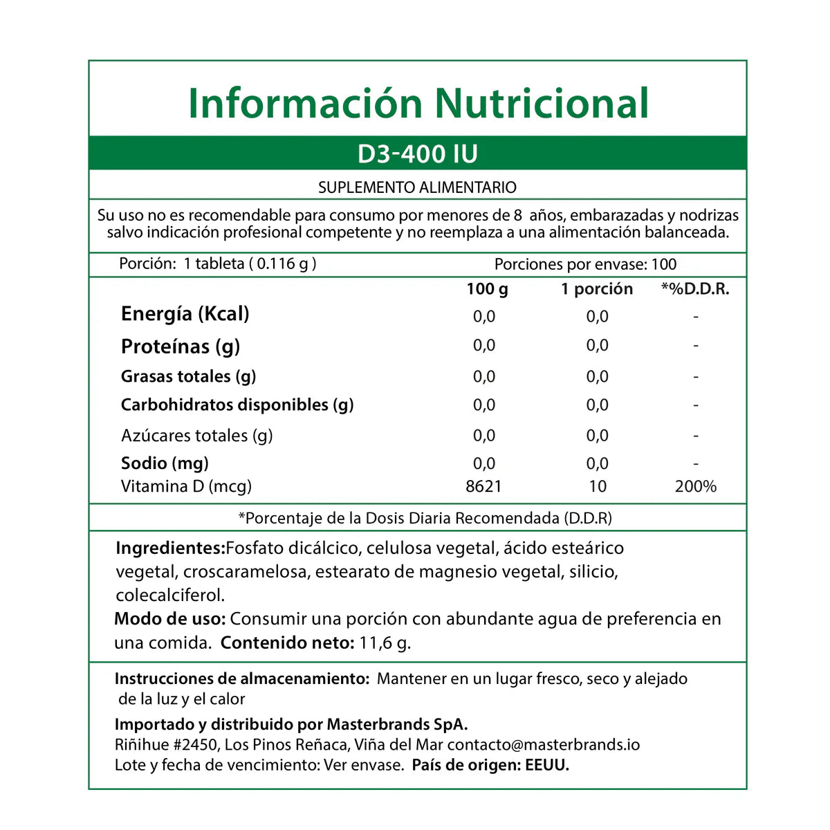 Vitamina D3 400 IU – 100 Comprimidos