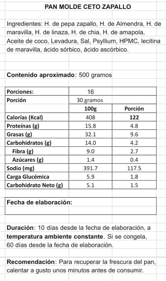 Pan sin gluten CetoZapallo 500gr