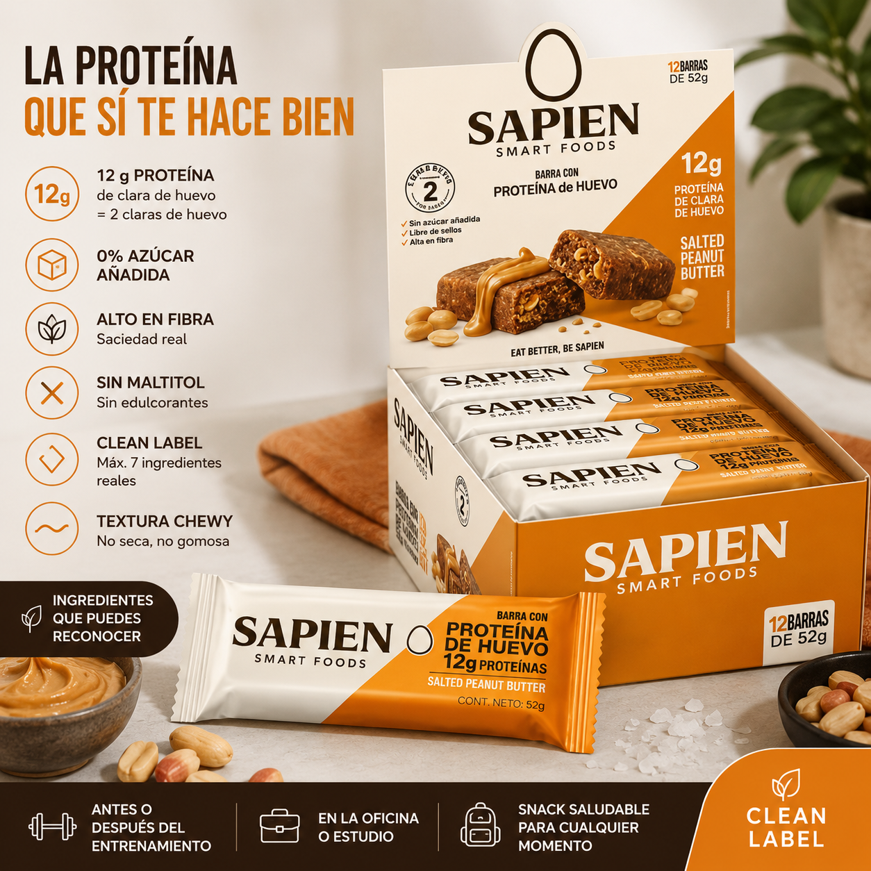 Caja 12 Barras Proteicas Salted Peanut Butter 52 g | Sapien Smart Foods