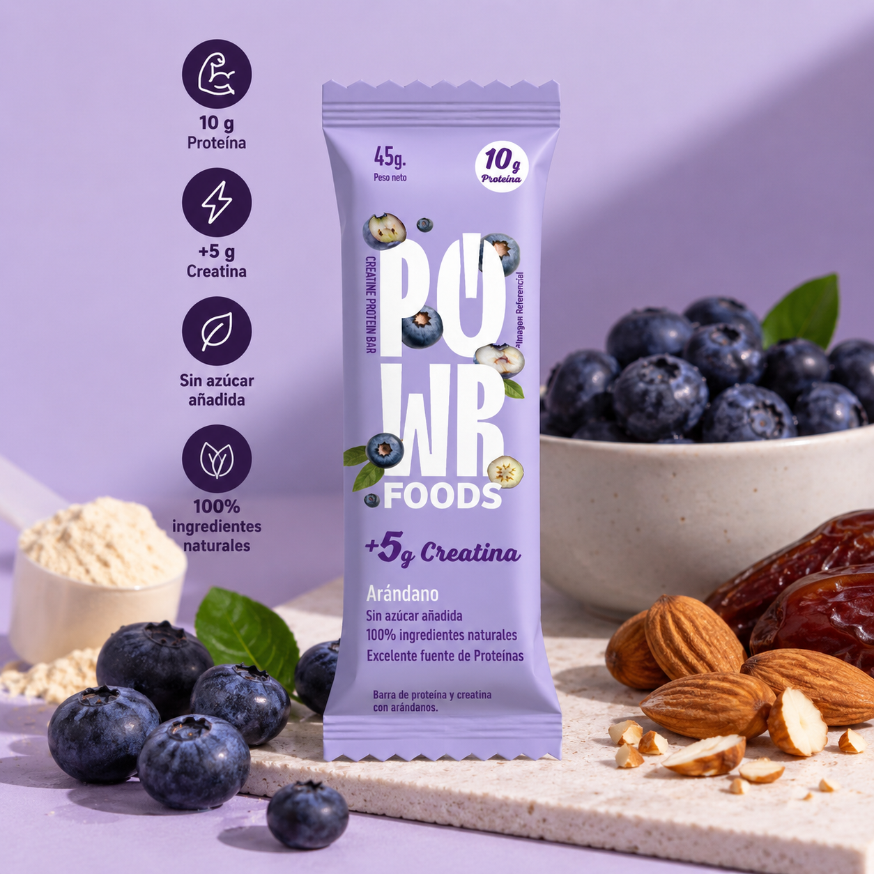 Creatine Protein Bar Arándano 45 g – 10 g Proteína + 5 g Creatina | POWR Foods