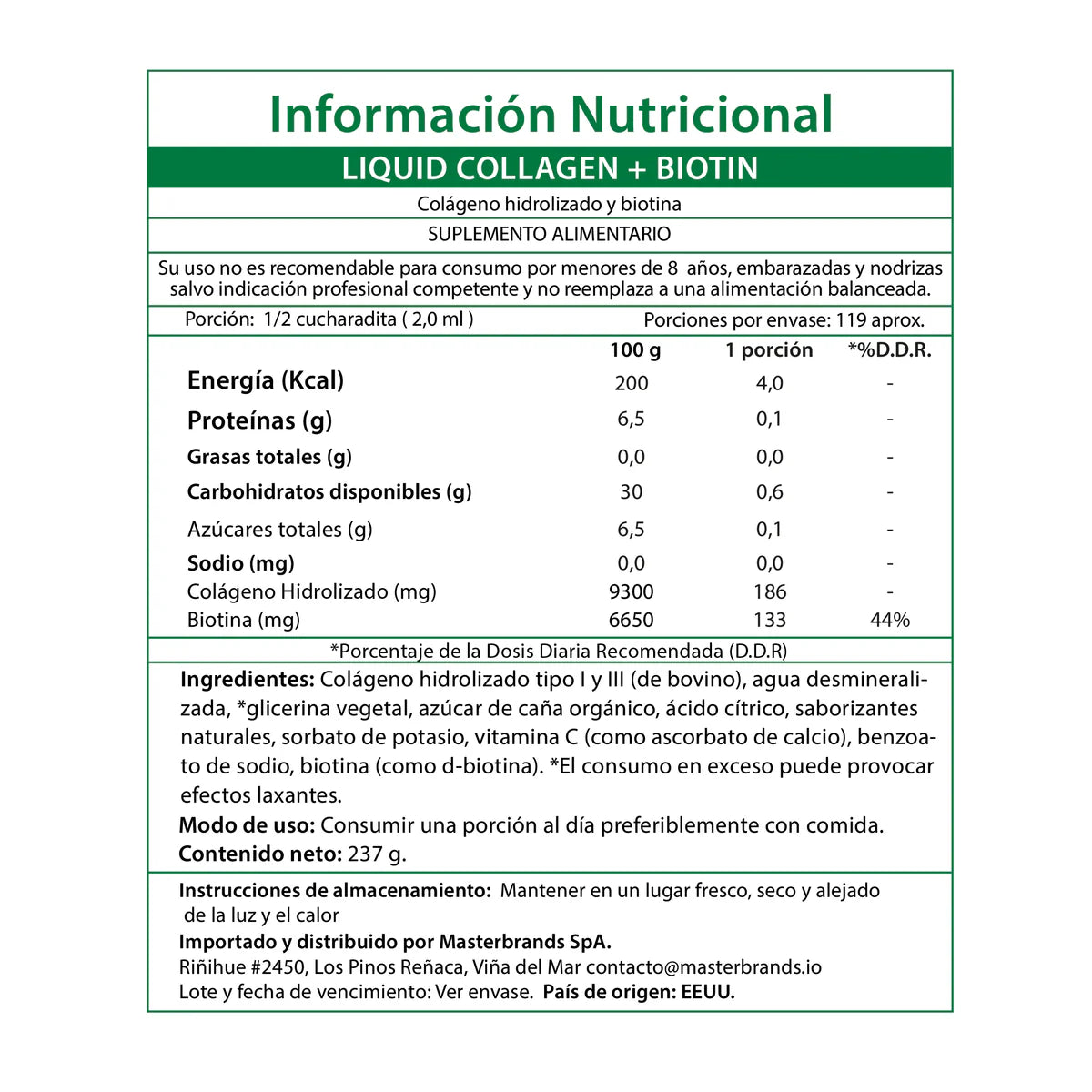 Colágeno Líquido + Biotina 1.000 mcg – 237 mL