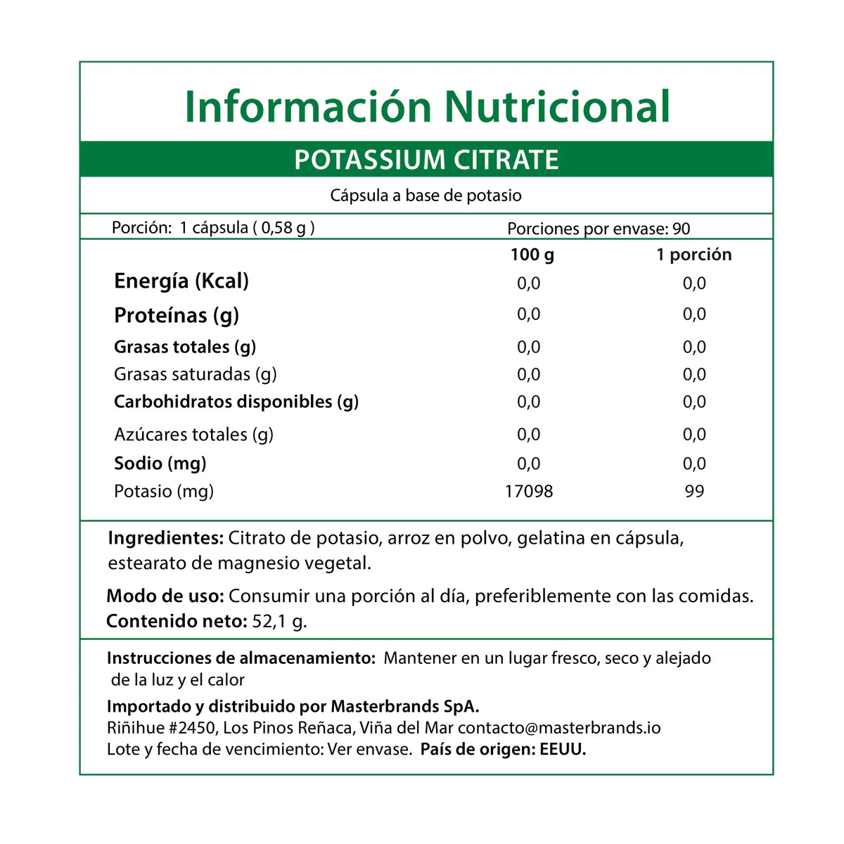 Citrato de Potasio 275 mg – 90 Cápsulas