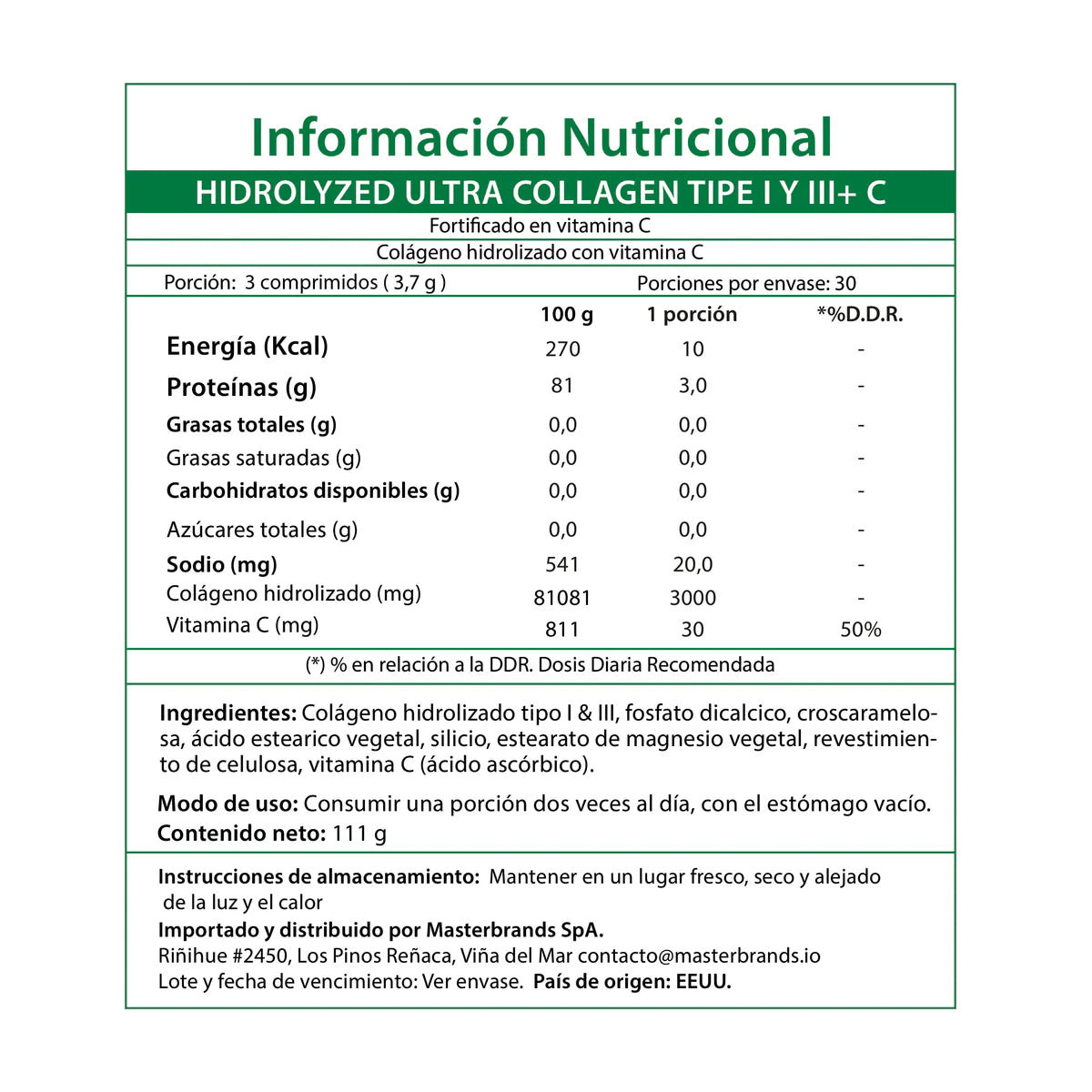 Colágeno Hidrolizado Tipo I &amp; III con Vitamina C – 90 Comprimidos