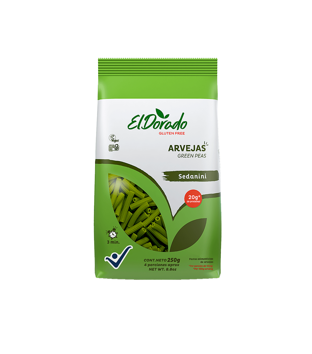 Pasta de Arvejas sin gluten Vegana Sedanini 250 Gr Marca El Dorado