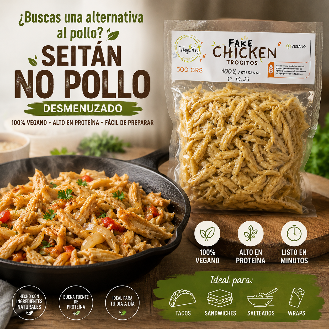 Seitán No Pollo Desmenuzado 500 g | Alternativa Vegetal al Pollo | Vida Natura