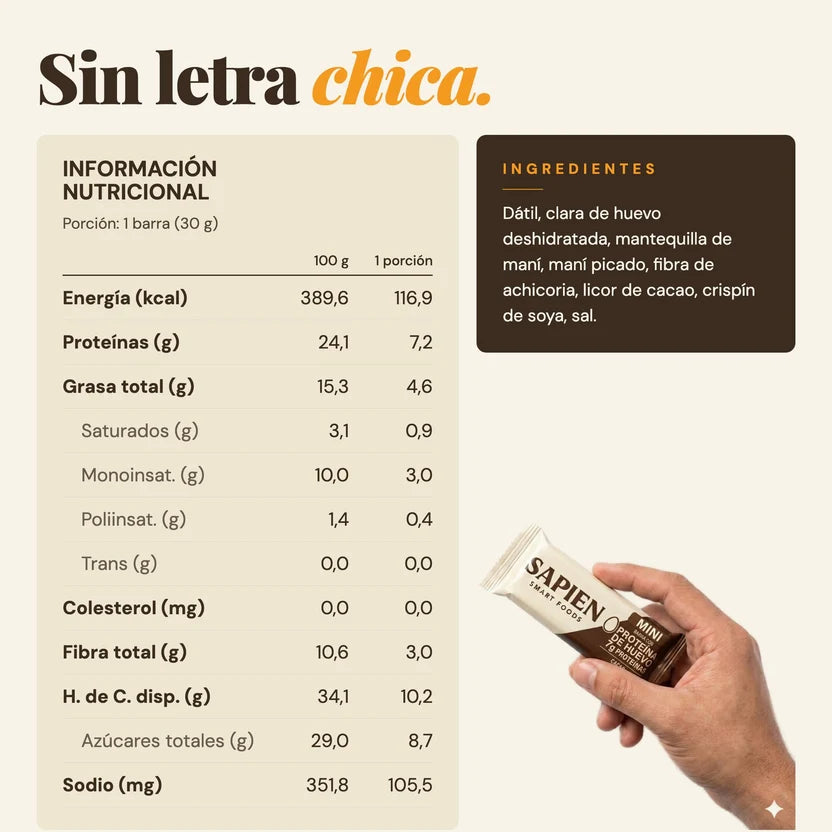 Barritas Proteicas Mini Maní Cacao 30 g Sapien  Caja 16 Unidades